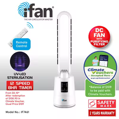 [NEA CLIMATE VOUCHER $400] iFan DC Bladeless Tower Fan – Remote Control, Oscillation, Timer, LED Temp Display, 3 Modes, 12-Speed (IF7461)