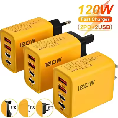 120W Fast Charging 4 Ports Mobile Phone Charger QC3.0 USB Type C Chargers Dual PD Wall Adapter EU/US/UK Plug for IPhone15 Xiaomi