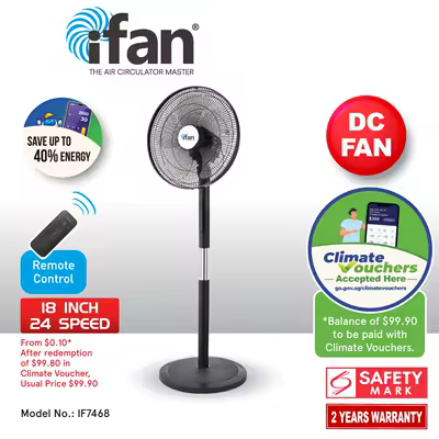 [NEA CLIMATE VOUCHER $400] iFan Powerful 18" DC Motor Stand Fan with Oscillation & remote control, Quiet Operation (IF7468)